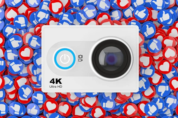 Small Ultra HD Action Camera over Heap of Social Media Network Love and Like Heart Badges Coins Background Texture extreme closeup. 3d Rendering
