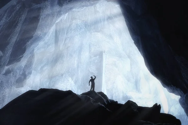 Men Person Silhouette Blue Crystal Ice Cave Underground Extreme Closeup — Stock Photo, Image