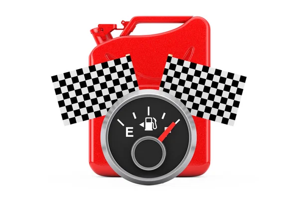 燃油仪表显示一个完整的坦克前面的红色金属 Jerrycan 与检查赛车标志在白色的背景 — 图库照片