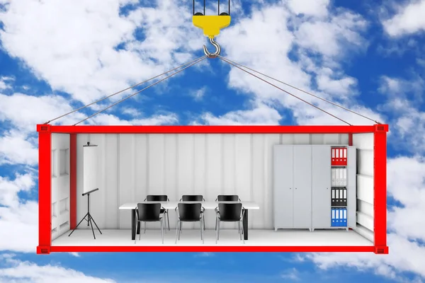 Red Cargo Shipping Container with Removed Side Wall Converted into an Office During Transportation with Crane Hook on a blue sky background. 3d Rendering