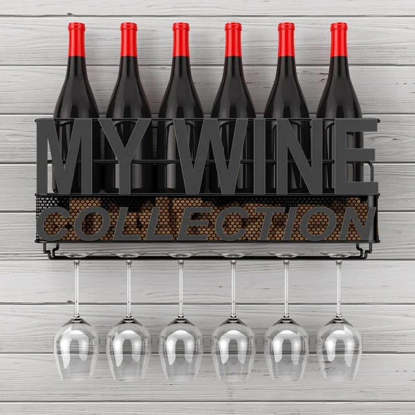 Wine Bottles, Corks and Glasses in Metal Wall Hanging Wine Storage Shelf with My Wine Collection Sign on a Wooden Plank Wall Background. 3d Rendering
