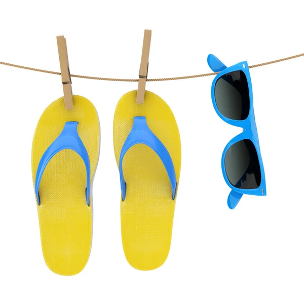 Bunte Moderne Flip Flops Mit Blauer Sonnenbrille Hängen Der Wäscheleine — Stockfoto