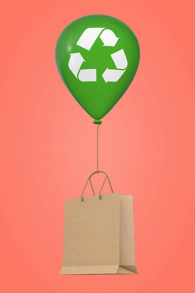 Brown Recycled Paper Shopping Bag Floating with Green Hellium Balloon with Recycle Sign on a pink background. 3d Rendering