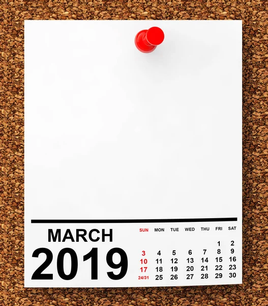 Calendar March 2019 Blank Note Paper Free Space Your Text — Stock Photo, Image