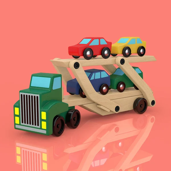 Houten Gekleurde Auto Vervoerder Vrachtwagen Trailer Speelgoed Een Roze Achtergrond — Stockfoto
