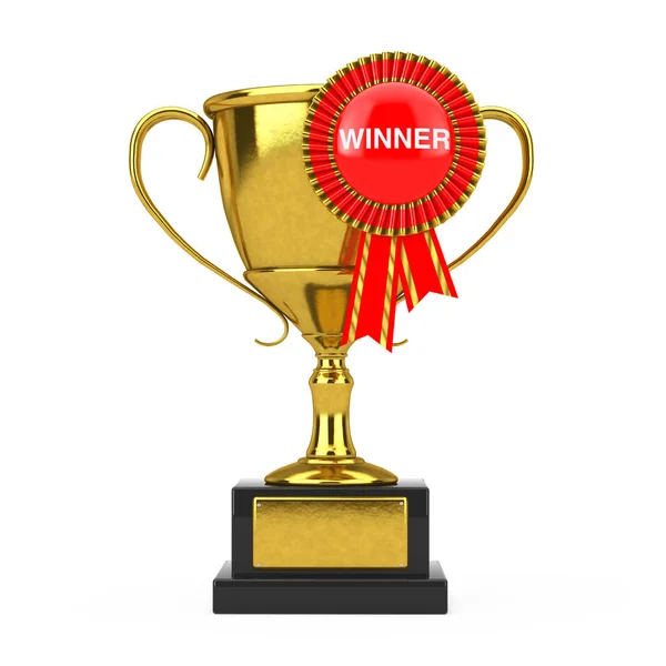 Золотая Награда Трофи Красной Лентой Знаком Победителя Белом Фоне Рендеринг — стоковое фото