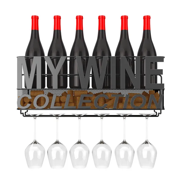 Wine Bottles, Corks and Glasses in Metal Wall Hanging Wine Storage Shelf with My Wine Collection Sign on a white background. 3d Rendering