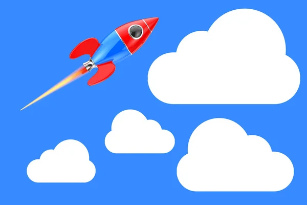 Cartoon Toy Rocket in the Sky with Clouds on a blue background. 3d Rendering