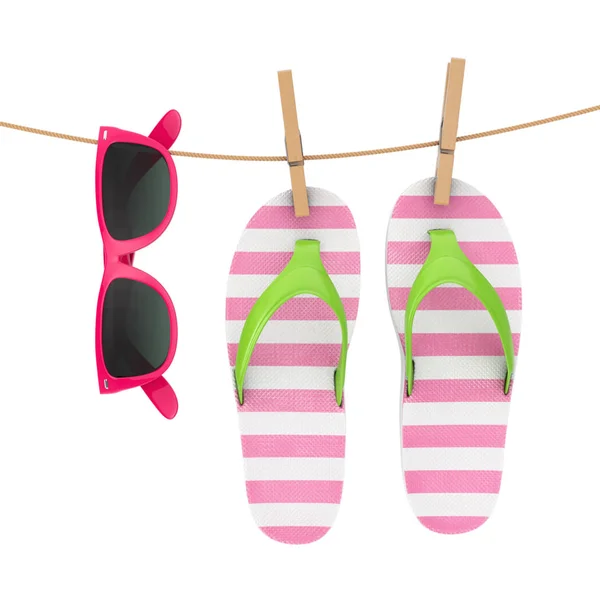 Bunte Moderne Flip Flops Mit Pinkfarbener Sonnenbrille Hängen Der Wäscheleine — Stockfoto