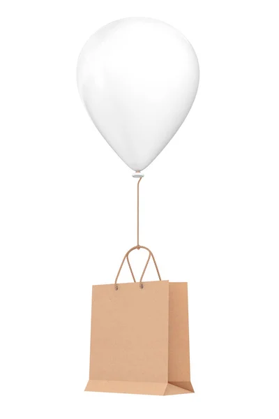 棕色回收纸购物袋漂浮与白色螺旋气球在白色的背景 — 图库照片