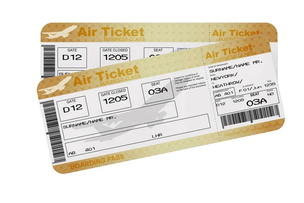 Golden Business or First Class Airline Boarding Pass Fly Air Tickets on a white background. 3d Rendering