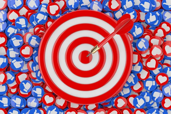 Darts Hitting The Target over Heap of Social Media Network Love and Like Heart Badges Coins Background Texture extreme closeup. 3d Rendering