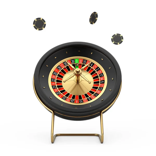 Black Casino Roulette Wheel Con Poker Casino Chips Sfondo Bianco — Foto Stock