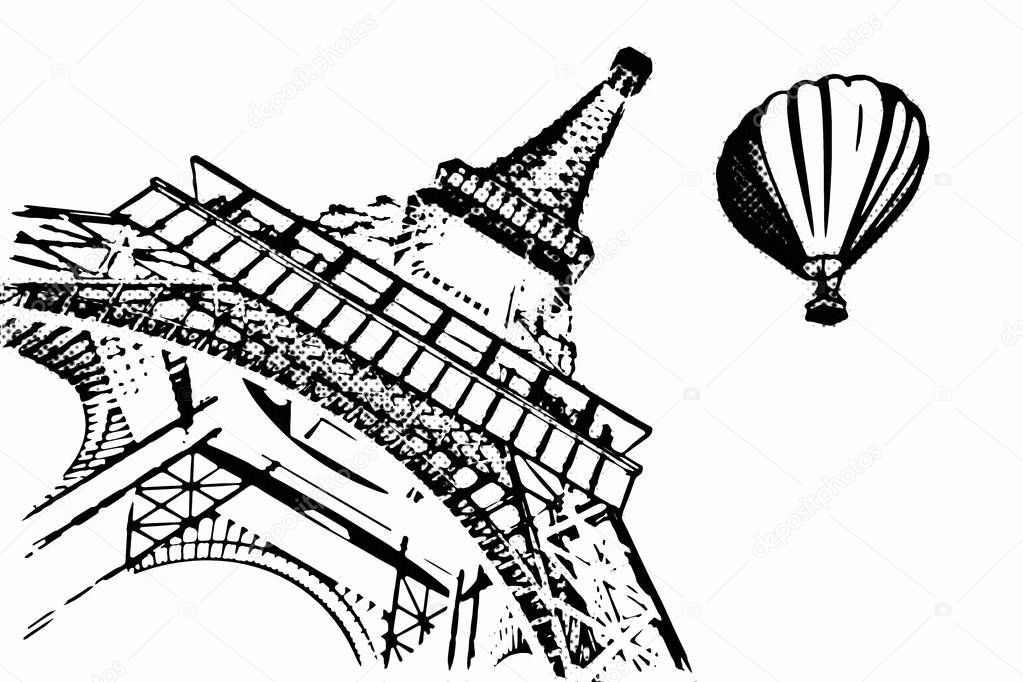 France Concept. Paris Sketches Hand Drawing Style Eiffel Tower and Hot Air Balloon on a yellow background. 3d Rendering 