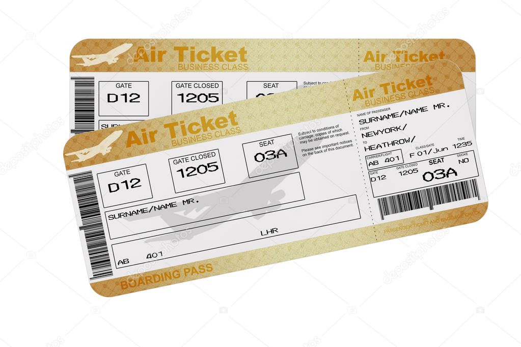 Golden Business or First Class Airline Boarding Pass Fly Air Tickets on a white background. 3d Rendering 