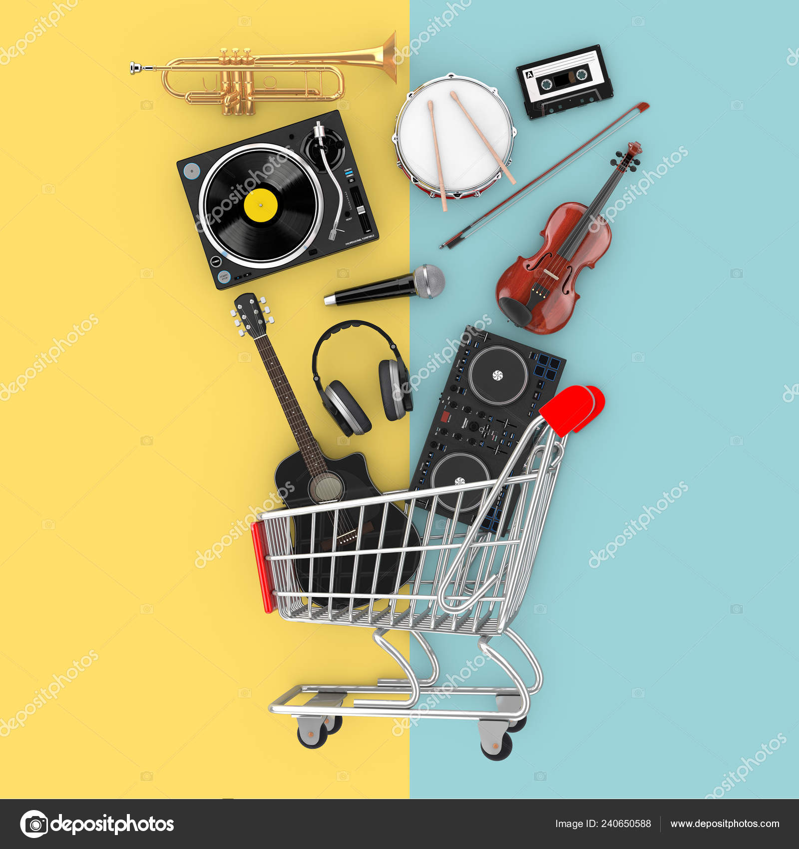 Muchos Instrumentos Musicales Cayendo Cesta Sobre Fondo Amarillo Azul: de stock © doomu #240650588 | Depositphotos