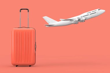 Hava seyahat kavramı. Büyük Multicolour Polikarbonat çanta pembe bir arka plan üzerinde beyaz Jet yolcu uçağı ile. 3D render 