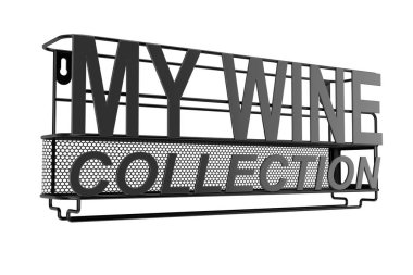 Metal duvara asılı şarap depolama raf My şarap koleksiyonu tabelada beyaz bir arka plan ile. 3D render 