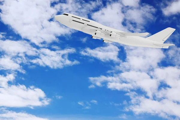 Avião Passageiro Jato Branco Céu Com Nuvens Fundo Azul Renderização — Fotografia de Stock