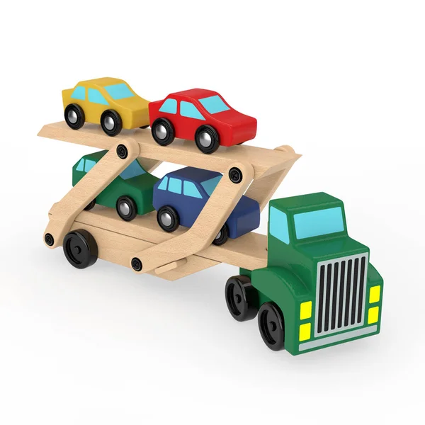 Деревянные Цветные Автомобили Carrier Truck Triler Toy Белом Фоне Рендеринг — стоковое фото