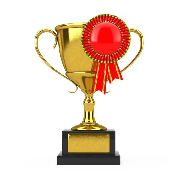 Troféu Golden Award Com Red Blank Award Ribbon Rosette Sobre — Fotografia de Stock