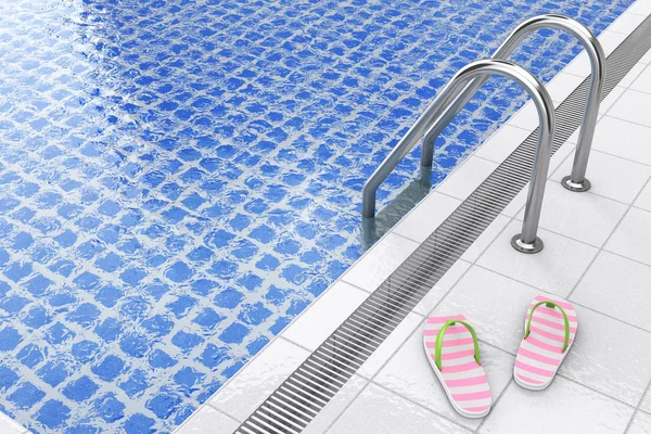 Modern Summer Flip Flops Swimming Pool Extreme Closeup Rendering — Stock Photo, Image