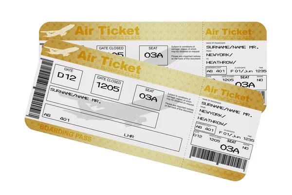 Golden Business Eller Förstaklass Ombordstigning Passerar Flyga Luft Flygbiljetter Vit — Stockfoto