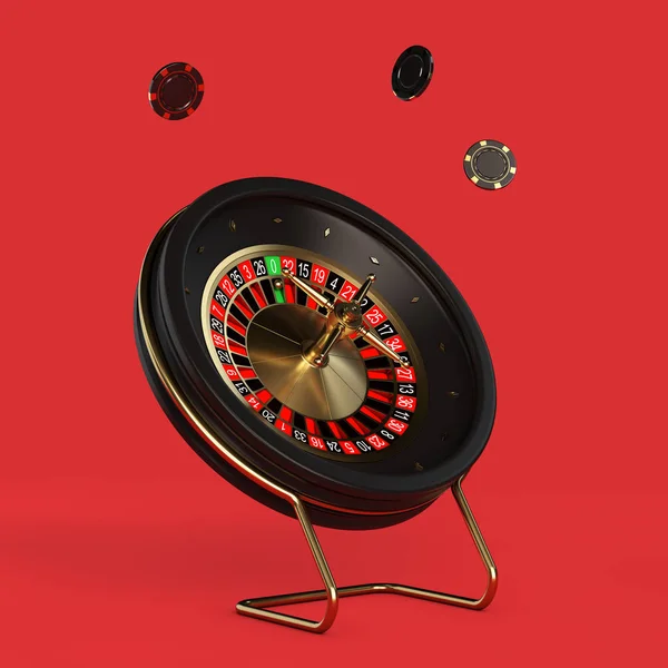 Black Casino Roulette Wheel Con Poker Casino Chips Sfondo Rosso — Foto Stock