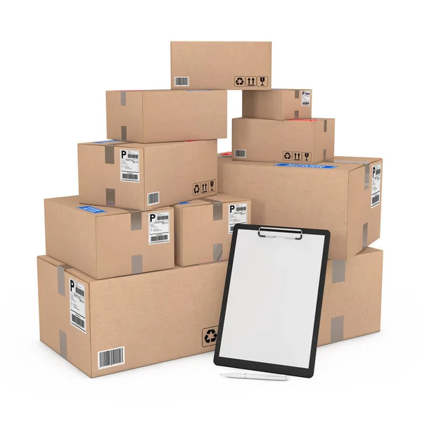 Clipboard Blank Paper Mockup Pen Heap Boxes Goods White Background — Stock Photo, Image