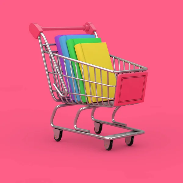 Buying of Books Concept. Shopping Cart with Stack of Books on a pink background. 3d Rendering
