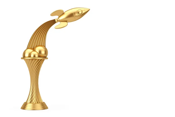 Conceito Exploração Espacial Golden Award Trophy Fly Rocket Fundo Branco — Fotografia de Stock