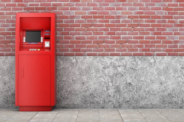 Red Bank Cash Atm Machine Front Brick Wall Rendering — Stock Photo, Image