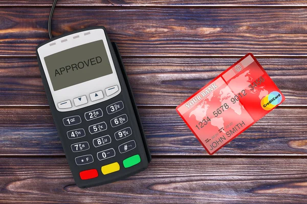 Credit Card Payment Terminal Red Credit Card Wooden Plank Table — Stock Photo, Image
