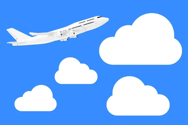 青色の背景に雲と空に白いジェット旅客機の飛行機 レンダリング — ストック写真