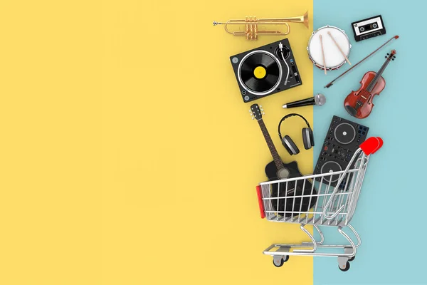 Birçok Müzik Aletleri Düşen Sarı Mavi Arka Plan Üzerinde Alışveriş — Stok fotoğraf