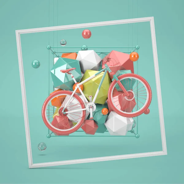 Decoration Abstract Geometric Shape with Mountain Bike Sport Concept Scene on a green background. 3d Rendering