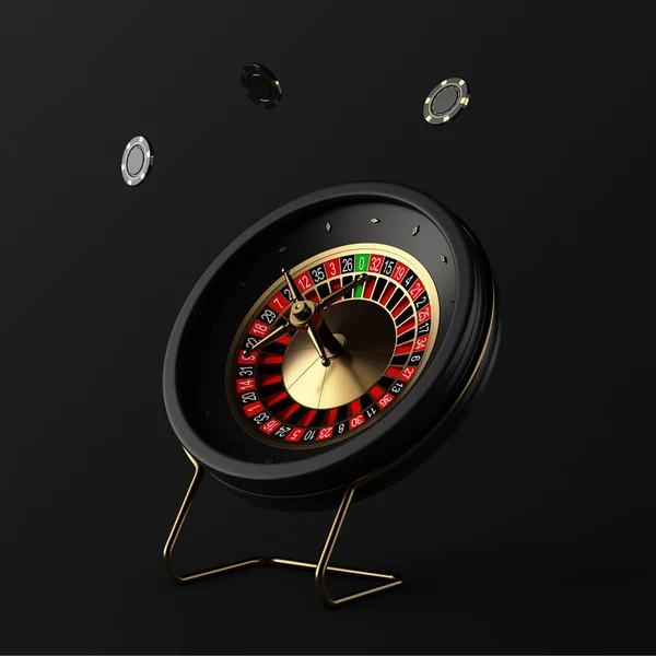Schwarzes Casino Roulette Rad Mit Poker Casino Chips Auf Schwarzem — Stockfoto