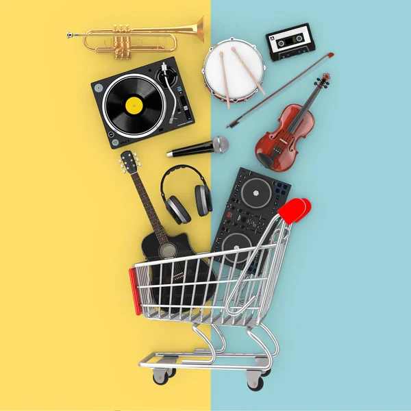Vele Muzikale Instrumenten Vallen Winkelwagen Een Gele Blauwe Achtergrond Rendering — Stockfoto