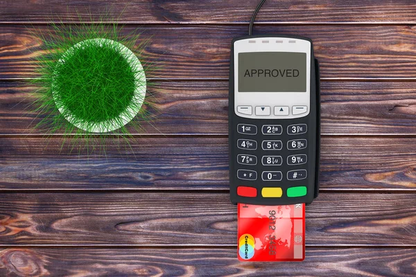 Green Grass Pot Credit Card Payment Terminal Wooden Plank Table — Stock Photo, Image