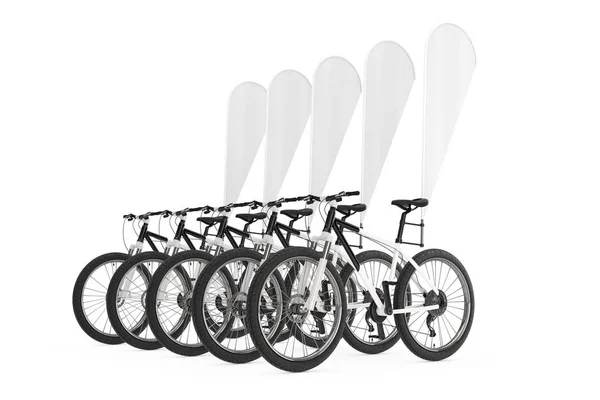 Reihe Von Mountainbikes Mit Leeren Werbefahnen Auf Weißem Hintergrund Darstellung — Stockfoto