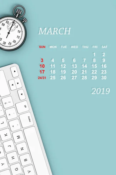 Календар 2019 Рік Березень Календар Секундомір Клавіатури Рендерінг — стокове фото