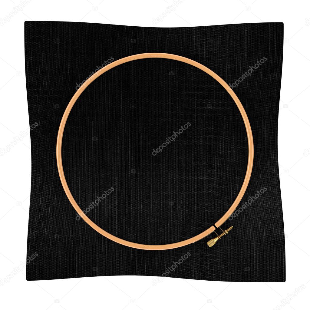 Wooden Hoop for cross stitch. A Tambour Frame for embroidery and Black Canvas with Free Space for Your Design on a white background. 3d Rendering 