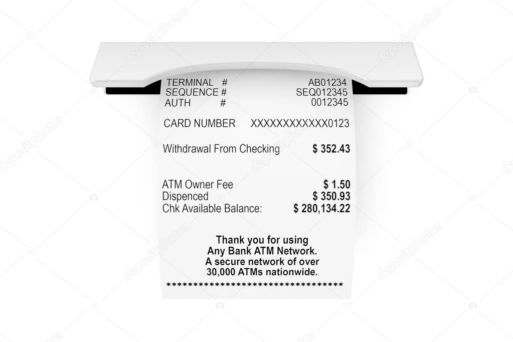 Printed Abstract Shopping Paper Bill Receipt ATM Mockup on a white background. 3d Rendering 