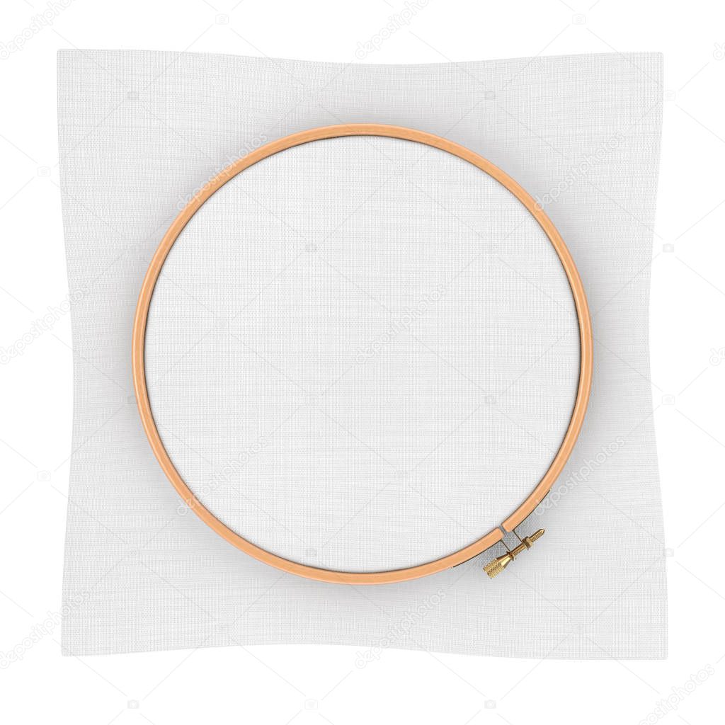 Wooden Hoop for cross stitch. A Tambour Frame for embroidery and Canvas with Free Space for Your Design on a white background. 3d Rendering 
