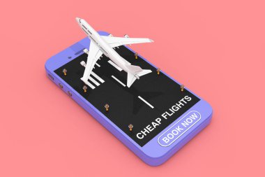 Beyaz Jet yolcu uçak kalkış pist, ucuz uçuşlar işareti ve pembe bir arka plan üstünde kitap şimdi düğme ile cep telefonundan. 3D render 