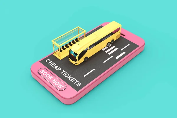 Big Yellow Coach Tour Bus with Bus Station over Mobile Phone with Cheap Tickets Sign and Book Now Button on a green background. 3d Rendering