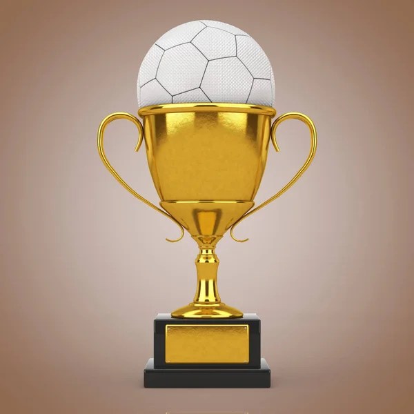 Football Soccer Award Concept. Golden Award Trophy with White Leather Football Soccer Ball on a brown background. 3d Rendering