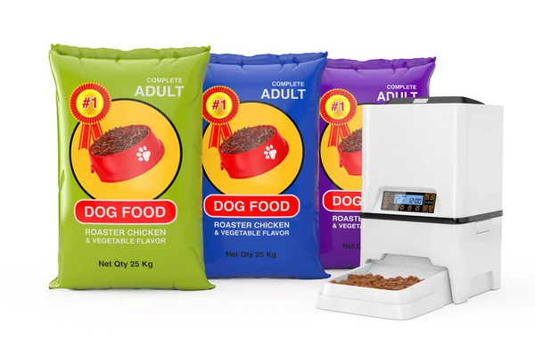 犬食品袋パッケージ デザイン自動電子デジタル ペット乾燥食品ストレージ食事フィーダー ディスペンサー ホワイト バック グラウンドの近く レンダリング — ストック写真