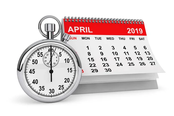 Jahreskalender 2019 April Kalender Mit Stoppuhr Auf Weißem Hintergrund Darstellung — Stockfoto