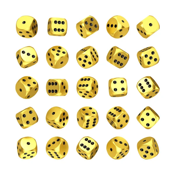 赌场赌博的概念 一套黄金游戏骰子立方体在差异位置在白色背景 — 图库照片